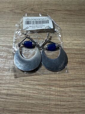 paparazzi Silver Crescent Earrings with Blue Accent Bead